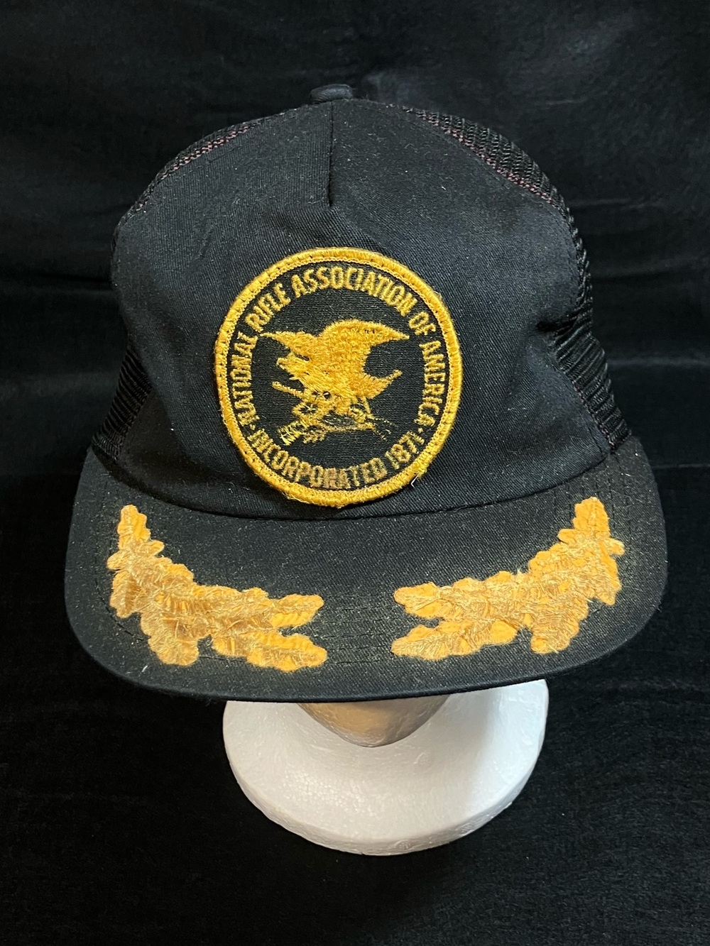 Vintage 80s NRA Trucker Hat Snapback Mesh Black Gold Scrambled Eggs USA